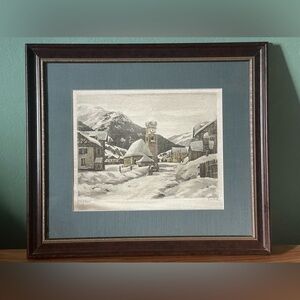 VTG Hand colored engraving on Silk framed Art Print used 16x14 Winter In Town